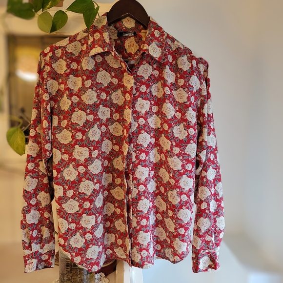 Vintage Tops - Red Vintage Rose Print Oversized Blouse